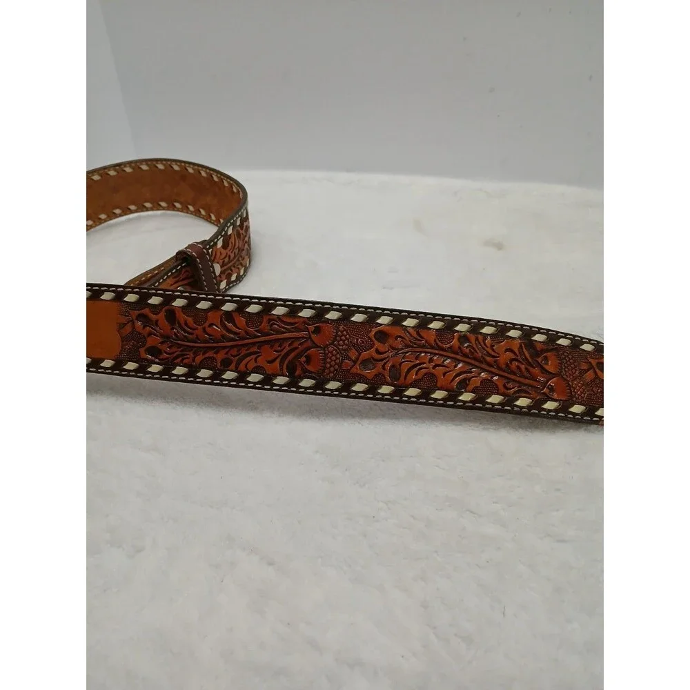​Hand-Tooled Leather Belt with Floral Design & White Stitching Custom 